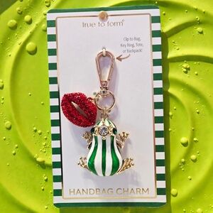 NEW True to Form Green and Gold Frog and Red Lips Bag Charm Key Holder 4" NWT